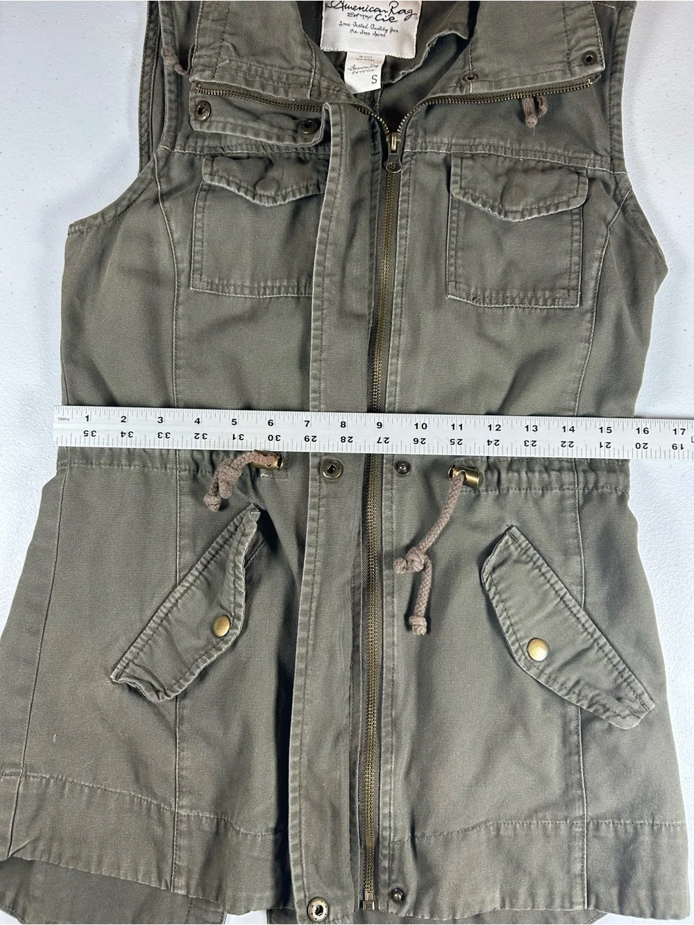 American Rag Cie Olive Green Utility Cargo Vest Drawstring Mock Neck Full Zip S